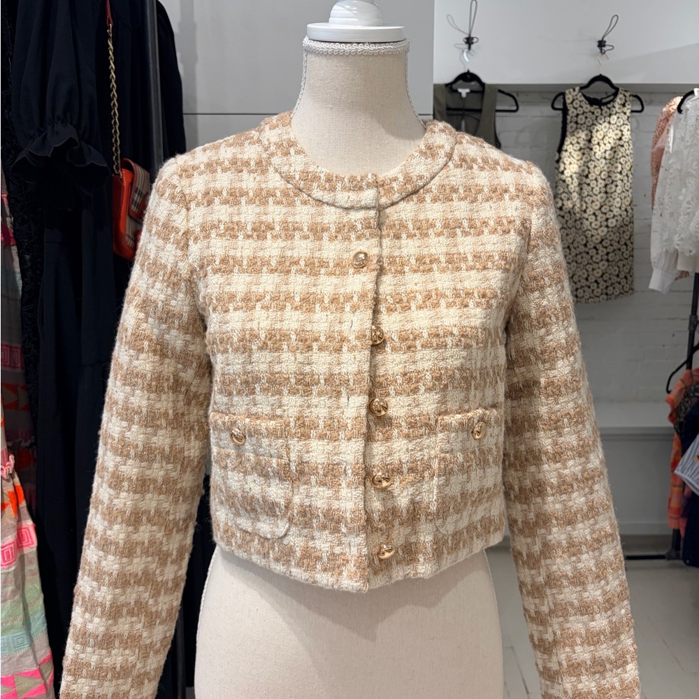 Amanda Uprichard Cropped Houndstooth Bouclé Jacket in Beige